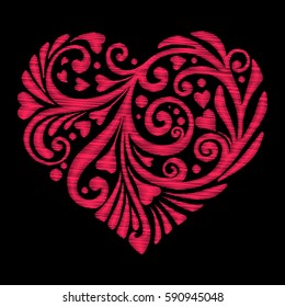 Embroidery. Embroidered design elements Love heart with flowers and leaves pattern in vintage style on a black background. Stock vector illustration.