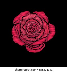 Embroidery. Embroidered design elements red rose in vintage style on a black background. Stock vector illustration.