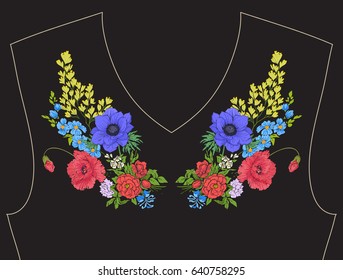 Embroidery. Embroidered design elements with summer bouquet in botanical style on a black background. Good for neckline. Stock vector illustration.