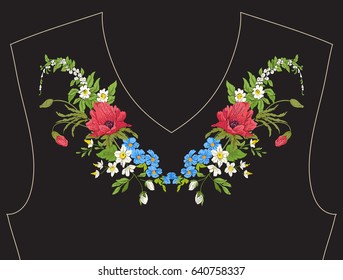 Embroidery. Embroidered design elements with summer bouquet in botanical style on a black background. Good for neckline. Stock vector illustration.