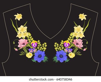 Embroidery. Embroidered design elements with summer bouquet in botanical style on a black background. Good for neckline. Stock vector illustration.