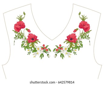 Embroidery. Embroidered design elements with summer bouquet in botanical style on a white background. Good for neckline. Stock vector illustration.