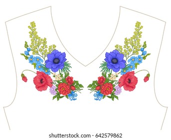 Embroidery. Embroidered design elements with summer bouquet in botanical style on a white background. Good for neckline. Stock vector illustration.