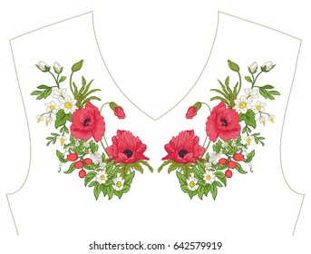Embroidery. Embroidered design elements with summer bouquet in botanical style on a white background. Good for neckline. Stock vector illustration.