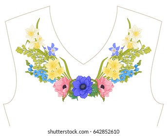 Embroidery. Embroidered design elements with summer bouquet in botanical style on a white background. Good for neckline. Stock vector illustration.