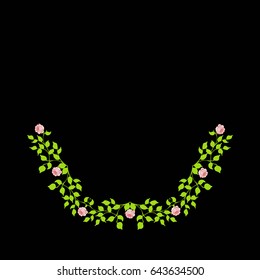 Embroidery. Embroidered design elements with summer bouquet in botanical style on a black background. Good for neckline. Stock vector illustration.