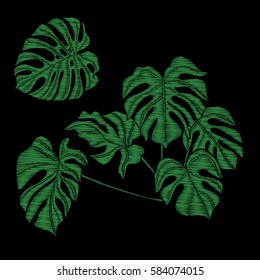 Embroidery. Embroidered design elements with tropical plant on a black background. Stock vector illustration.