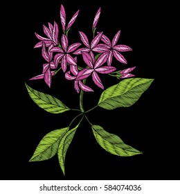 Embroidery. Embroidered design elements with tropical plant on a black background. Stock vector illustration.