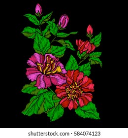 Embroidery. Embroidered design elements with tropical plant on a black background. Stock vector illustration.
