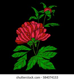 Embroidery. Embroidered design elements with tropical plant on a black background. Stock vector illustration.