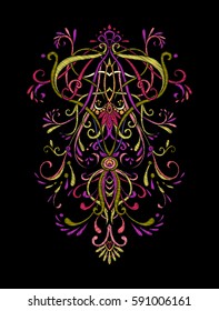 Embroidery. Embroidered design elements in vintage style on a black background. Stock vector illustration.