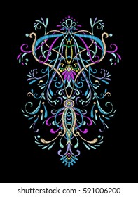 Embroidery. Embroidered design elements in vintage style on a black background. Stock vector illustration.