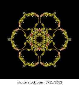 Embroidery. Embroidered design mandala elements with flowers and leaves in vintage style on a black background. Stock vector illustration.