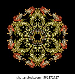 Embroidery. Embroidered design mandala elements with flowers and leaves in vintage style on a black background. Stock vector illustration.