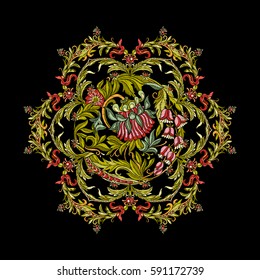 Embroidery. Embroidered design mandala elements with flowers and leaves in vintage style on a black background. Stock vector illustration.