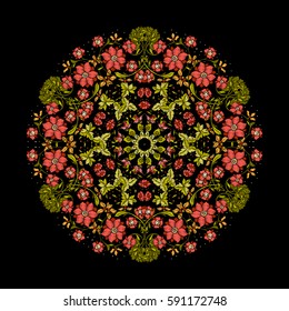 Embroidery. Embroidered design mandala elements with flowers and leaves in vintage style on a black background. Stock vector illustration.