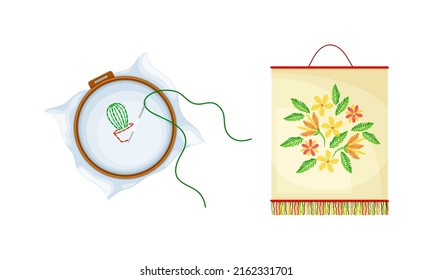 Embroidery equipment and sewing accessories set. Embroidery hoop and fabric vector illustration