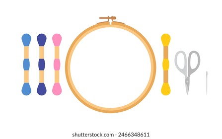 Embroidery essential materials - embroidery frame, threads, needle, scissors. Set of a stitching craft related illustrations. Minimalist vector illustration. Clean simple style. Isolated on white.