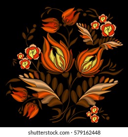 Embroidery ethnic colors. Beige, orange, yellow flowers, brown leaves on a black background. Stitches, decoration, neck. Ethnic patterns. Illustration EPS 10.