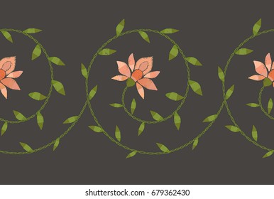 Embroidery ethnic floral border pattern. Embroidery trendy design element.