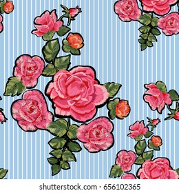 Embroidery ethnic floral patches with red and pink roses. Vector flowers elements for fashion design.