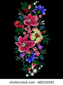 Embroidery ethnic flower neckline floral design, graphics, fashion. Stitches, bluebells, daffodils, carnations, daisies, poppies. Vector illustration.