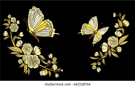 Embroidery ethnic flowers and butterfly, line design fashion wearing. Vector vintage , decorative element for embroidery, patches and stickers. Goldwork