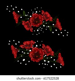 Embroidery ethnic flowers, line, fashion, wearing.Vector traditional folk flowers bouquet on black background for design.