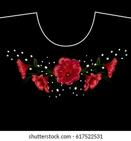 Embroidery ethnic flowers, line, fashion, wearing.Vector traditional folk flowers bouquet on black background for design.