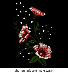 Embroidery ethnic flowers, line, fashion, wearing.Vector traditional folk flowers bouquet on black background for design.