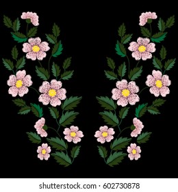 Embroidery ethnic flowers neck line, flower design, graphics fashion wearing. Embroidery for t-shirt. Satin stitch imitation, vector. 