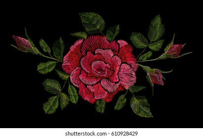 Embroidery ethnic flowers neck line flower design graphics fashion wearing red rose on a black background vector illustration