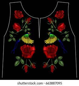 Embroidery ethnic flowers neck line flower design graphics fashion wearing. Red roses and little birds, hummingbirds