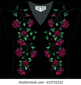 Embroidery of ethnic flowers on a fashionable shirt neck-line.