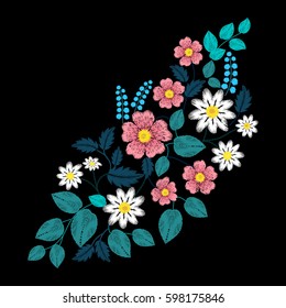 Embroidery ethnic flowers and roses on black background. Satin stitch imitation, vector.
