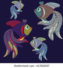 Embroidery of ethnic folk ornament of fish. Vector illustration.