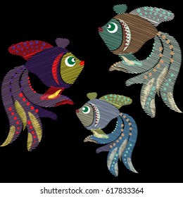 Embroidery of ethnic folk ornament of fish. Vector illustration.