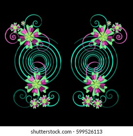 Embroidery of ethnic folk ornament, purple and pink flowers with curls of flowers. Decor of textiles, bags, shirts, ceilings, invitations