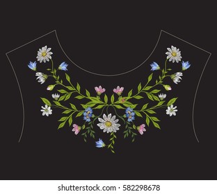 Embroidery ethnic neck line floral pattern with chamomiles and cornflowers. Vector symmetric traditional folk flowers ornament on black background for design.