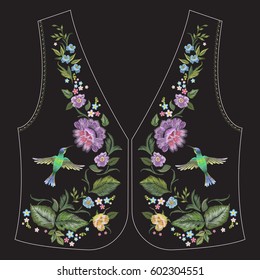 Bordados étnica linha de pescoço padrão floral com beija-flor e rosas. Ornamento popular tradicional simétrico de vetor com flores e pássaros em fundo preto para design.