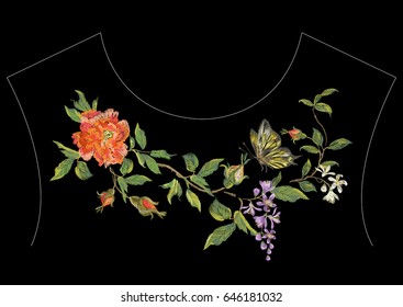 Embroidery ethnic neck line pattern with red peony, wisteria and butterfly. Vector traditional embroidered floral design with flowers on black background for fashion clothing.