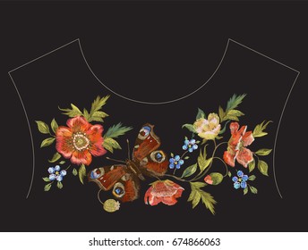 Embroidery ethnic neck line pattern with poppies and butterfly. Vector floral embroidered design with flowers on black background for fashion clothing.