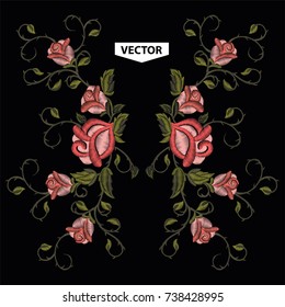 Embroidery ethnic neck line red roses. Fashion design. Vector floral print. Flowers.