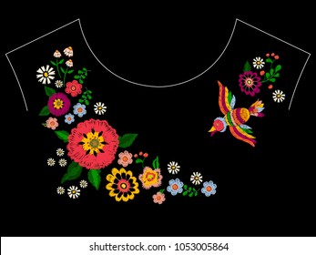 Embroidery ethnic neckline pattern with bird and flowers. Vector embroidered floral design for fashion fabric.