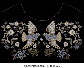 Embroidery ethnic neckline pattern with pigeons and flowers. Vector embroidered floral design with birds for fashion.