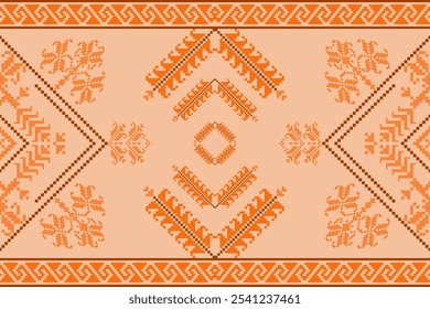 Embroidery ethnic oriental pixel art pattern.Traditional ethnic motifs ikat geometric fabric pattern cross stitch.Aztec style,abstract background vector illustration.Texture,scarf,decoration,wallpaper
