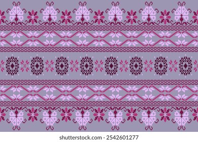 Embroidery ethnic oriental pixel art pattern.Traditional ethnic motifs ikat geometric fabric pattern cross stitch.Aztec style,abstract background vector illustration.Texture,scarf,decoration,wallpaper