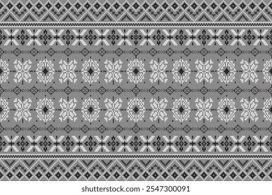 Embroidery ethnic oriental pixel art pattern.Traditional ethnic motifs ikat geometric fabric pattern cross stitch.Aztec style,abstract background vector illustration.Texture,scarf,decoration,wallpaper