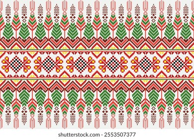 Embroidery ethnic oriental pixel art seamless pattern. Design for fabric, textile, wallpaper, background, wrapping, clothing, print, illustration, hand stitched and card template.