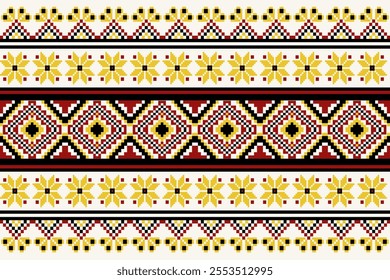 Embroidery ethnic oriental pixel art pattern. Geometric tribal textile style. Design for fabric, wallpaper, background, wrapping, cover book, illustration, print and clothing.